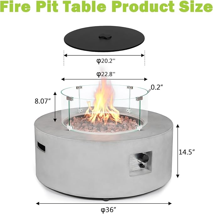 36 Inch Round Fire Pit Table,Propane Fire Pit Table Outdoor 50,000 BTU w Glass Wind Guard Gas Concrete Fire Pit,CSA Certification w Lid,Lava Rocks, Rain Cover for Backyard & Deck