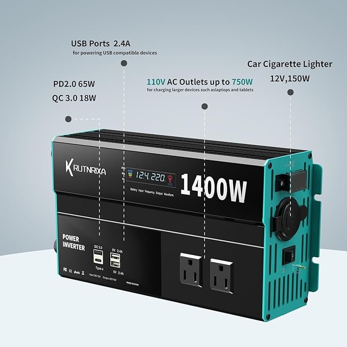 Power Inverters 500W 12V DC to 110V AC Converter for Vehicles USB-C/PD 25W Fast Charging Ports Car Charger Adapter with a Cigarette Lighter Ports Plug Outlet(Modified sine wave-1400W)