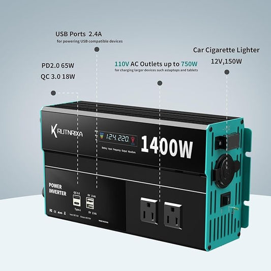 Power Inverters 500W 12V DC to 110V AC Converter for Vehicles USB-C/PD 25W Fast Charging Ports Car Charger Adapter with a Cigarette Lighter Ports Plug Outlet(Modified sine wave-1400W)