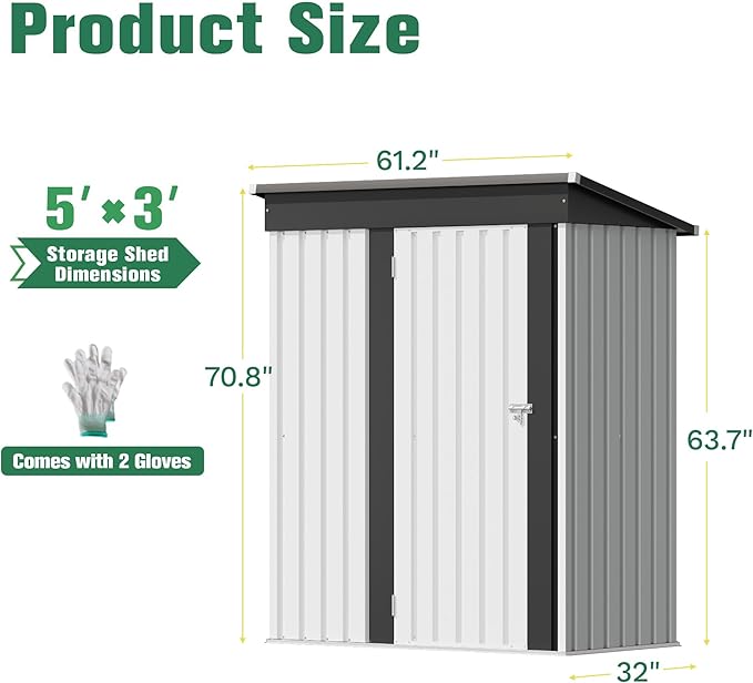 Flamaker 5x3 FT Storage Shed Waterproof Metal Garden Shed with Lockable Door Utility Tool Shed Outdoor Storage for Backyard, Patio and Lawn, White