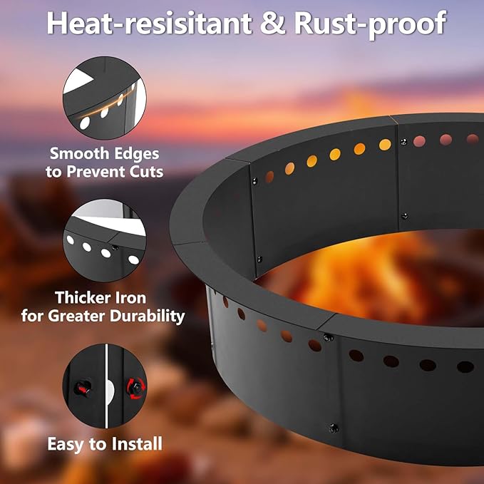 36 Inch Fire Pit Ring Smokeless, 40'' Outer Wood Burning Bonfire, Heavy Duty Solid Steel Round Fireplace, Rust-Proof, DIY Campfire Ring, Outdoor Above or In-Ground, for Patio, Camping, Yard