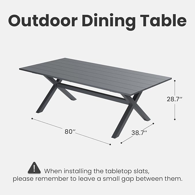 Aeeiua 80" x 38" Outdoor Dining Table, Rectangle Patio Table with Slatted Tabletop for Backyard, Garden, Deck, Poolside