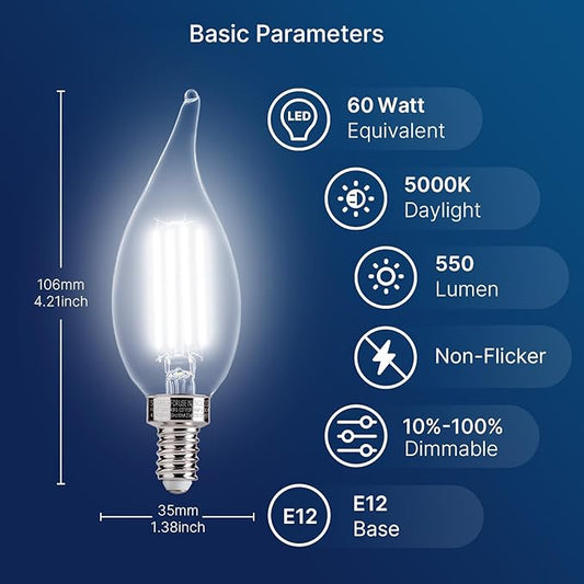 FLSNT LED Candelabra Light Bulbs, CA11 E12 Chandelier LED Light Bulbs 60W Equivalent, 5000K Daylight, 550LM, 5.5W, 90+ High CRI, AC 120V, 12 Pack, Dimmable UL,CA65 Listed.