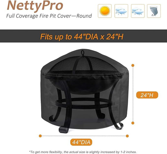 NettyPro Fire Pit Cover Round Waterproof Outdoor Firepit Cover for Gas Propane Fire Pit Table, 44 x 20 inch, Black