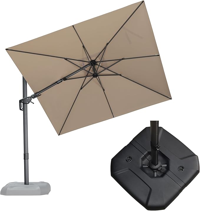 PURPLE LEAF 8' X 8' Tilting Patio Umbrella with Base Outdoor Cantilever Swivel Square Umbrella with Tilt Aluminum Offset Umbrella with 360-degree Rotation for Garden Deck Pool Patio Beige