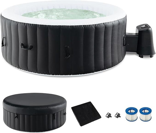 GYMAX Hot Tub, Inflatable Hot Tub with 130 Soothing Bubble Air Jets, Insulated Lockable Cover, Ground Mat & Filter Cartridges, Outdoor Blow Up Spa Tub for Backyard, Patio (Round, 4-6 Person)