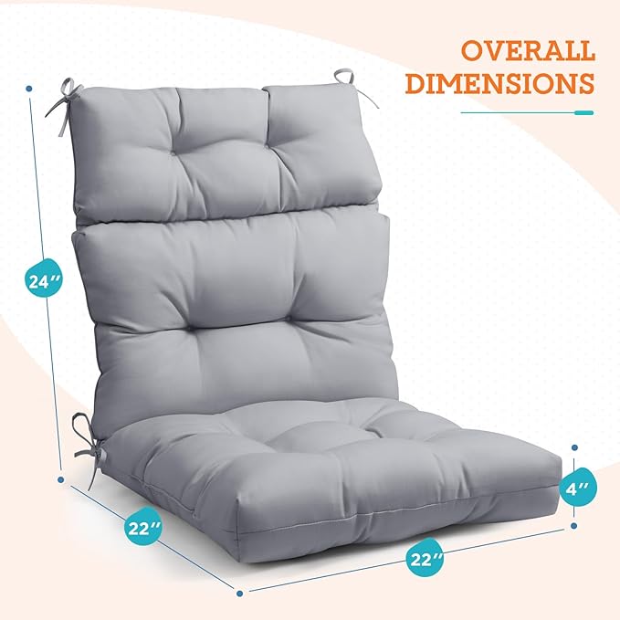 EAGLE PEAK Tufted Outdoor/Indoor High Back Patio Chair Cushions, Set of 4, 46'' x 22'', Light Gray