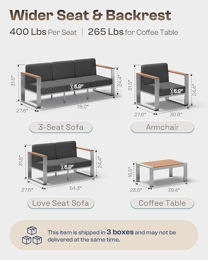 Outdoor Furniture Set, 4 Piece Aluminum Patio Furniture Set with Wide Seat and Thick Cushions, Modern Outdoor Patio Conversation Sets for Deck, Porch (Teak-Charcoal)