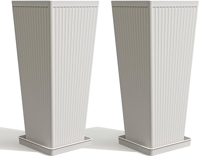 Tapered Tall Planters for Outdoor Plants 2 Pack- 23.6 Inch Square Indoor Flower Pots with Drainage Holes and Partition/Tray Saucers, Large Outdoor Planters for Porch Patio Garden, White