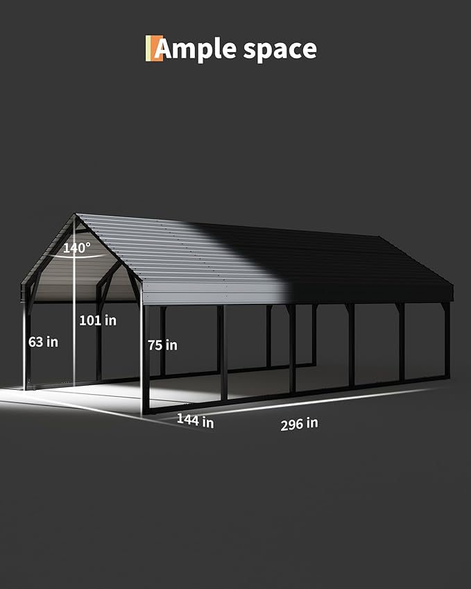 12 x 26 FT Metal Carport, Heavy Duty Carports Reinforced Frame and Steel Roof, All-Weather Shelter Canopy for Pickups, Boats, Cars, and Tractors