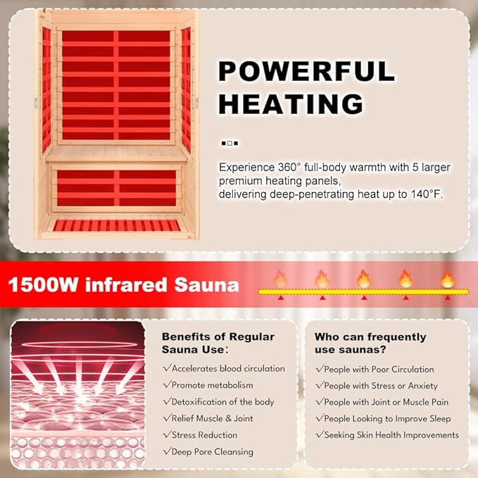 2 Person Infrared Sauna with Wood Backrest, 1500Watt Low EMF Far Infrared Sauna for Home Spa, Hemlock Indoor Personal Sauna with Blue-Tooth Speaker, 2 Reading Lights,1500W/120V/15A