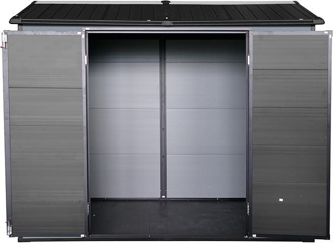 8x4FT Resin Outdoor Storage Shed with Floor and 2 Windows,Waterproof Plastic Sheds with Lockable Doors,Outside Garden Tools Sheds for Backyard Patio,Gay+Black