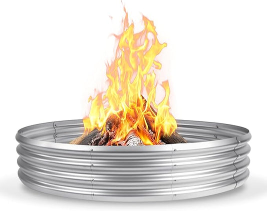60 Inch Fire Pit Ring for Outside, 5FT Diameter Wood Burning Fire Ring, Large Round Galvanized Steel Fire Pit, Metal Outdoor Fireplace for Backyard, Patio, Camping, Bonfire (Silver)