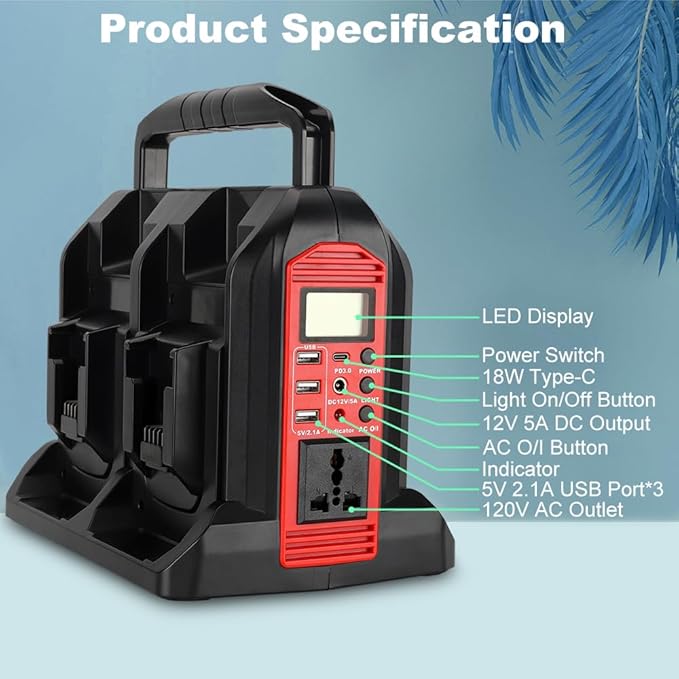 Choerinton 350W Power Inverter for Milwaukee M18 18V Battery 4-Ports DC 20V to AC 110-120V Pure Sine Wave Battery Inverter with LED Light, 3 USB-A Port,1 Type-C Port,1DC Port for Camping Emergency