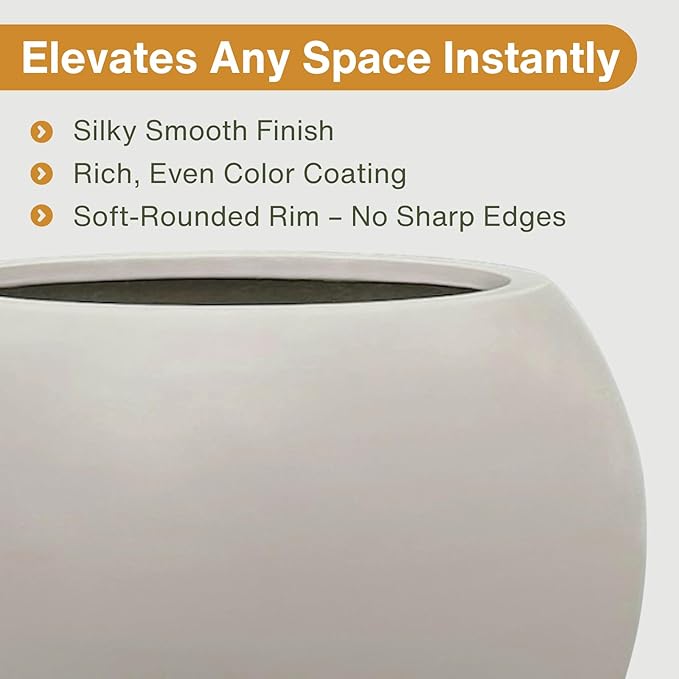 12.8" H x 16" D Globo Fiberstone Round Planter - Christmas Tree Planter, Smooth Finishes, Weather Resistant for Indoor & Outdoor Use, Included 2 Extra Coco Mats (Taupe, 10.7" Pot Opening)