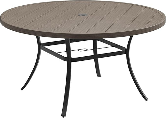 DIFY Patio Round Dining Table, 53" All Weather Round Outdoor Table with 1.57" Umbrella Hole for 8 Person, Perfect for Yard, Balcony and Lawn, Grey Wood-Like
