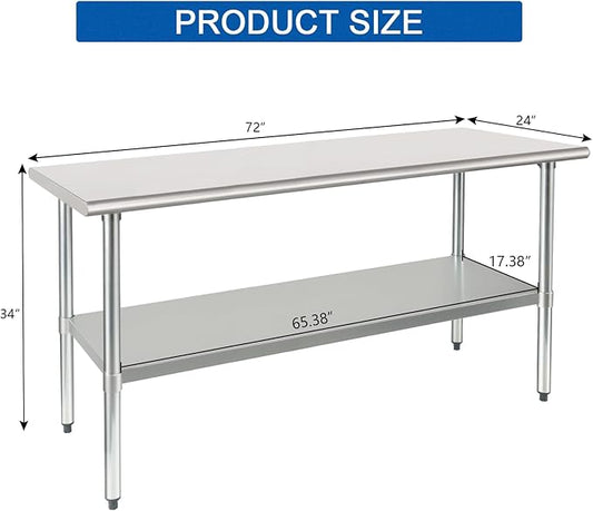 HARDURA Stainless Steel Table 24X72 Inches with Undershelf and Galvanized Legs NSF Heavy Duty Commercial Prep Work Table for Restaurant Kitchen Home and Hotel