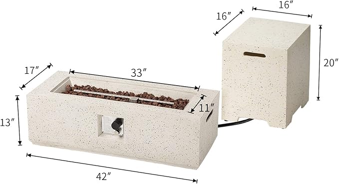 COSIEST 2-Piece Outdoor Propane Fire Pit Table Set w Tank Table, 42" Terrazzo Rectangle Fire Table (Certified, 50,000 BTU) w 16" Tank Cover Side Table, Waterproof Cover for Garden, Pool, Backyard
