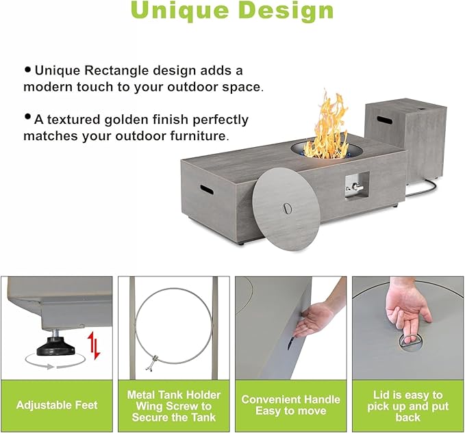 48 inch Propane Fire Pit Table LED, 2 in 1 Rectangular Outdoor Fire Pit with 20lb Tank Cover, Outside Patio Deck and Garden, Gas Fireplace Table with Lid and Stone, 50,000 BTU Adjustable Flame