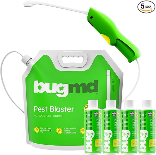 BugMD Pest Blaster Kit - Rechargeable Power Sprayer (Batteries Included), 4-Pack Pest Control Essential Oil Concentrates for Indoor & Outdoor Use - Plant-Powered Ant, Roach, Spider & Insect Killer