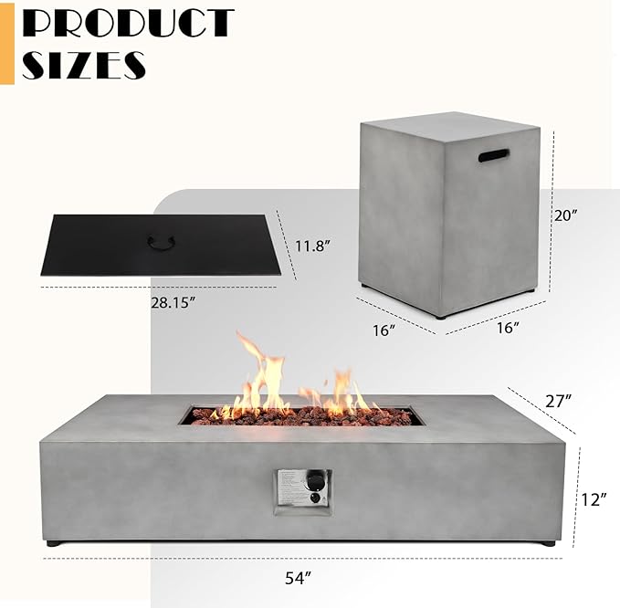 54-inch Propane Fire Pit Coffee Table with Tank Cover Table - 50,000BTU Outdoor Modern Concrete Rectangle Fire Table, Waterproof Cover, Auto-Ignition, Free Lava Rocks & Metal Lid