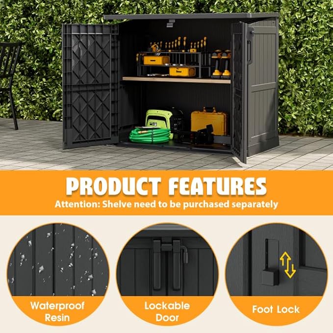 LHBcraft Outdoor Storage Cabinet 36 Cu Ft with Lockable Doors, Portable Horizontal Resin Storage Shed - Easy to Assemble, Waterproof Small Storage Shed with Floor Black