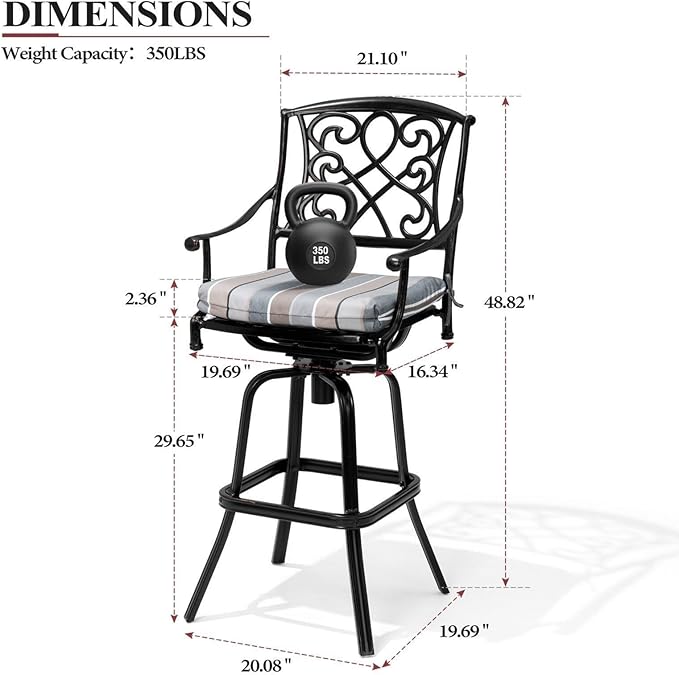 Crestlive Products Outdoor Bar Stools with Sunbrella Cushion Set of 2, 360° Swivel Patio Bar Height Chairs, All Weather Commercial Grade Furniture, Antique Brown Finish for Outside (Milano Char)
