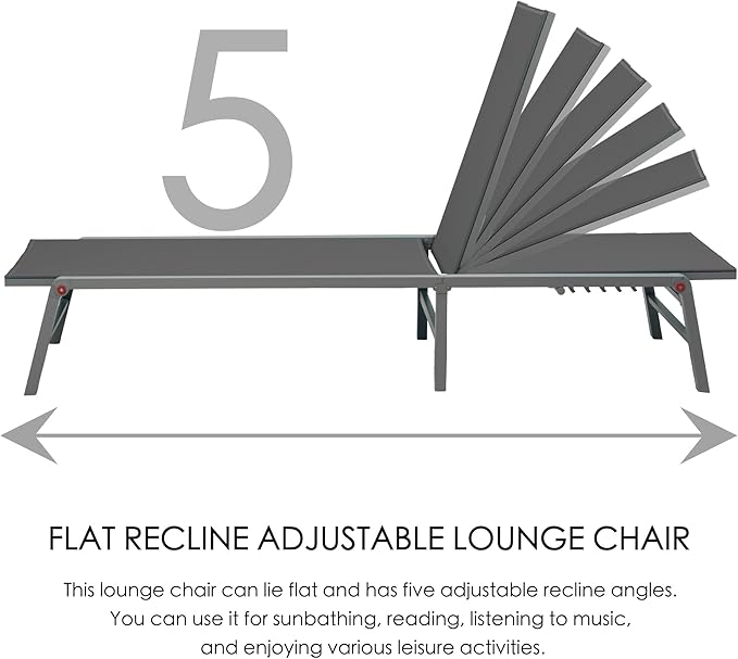 Kozyard 2 Packs Lounge Chair Outdoor Foldable Lounge Chair with 5 Adjustable Backrest Patio Lounger, Assemble-Free, Recliner and Full Flat Chair for Patio Beach Pool (2 Gray Textilence W/O Table)