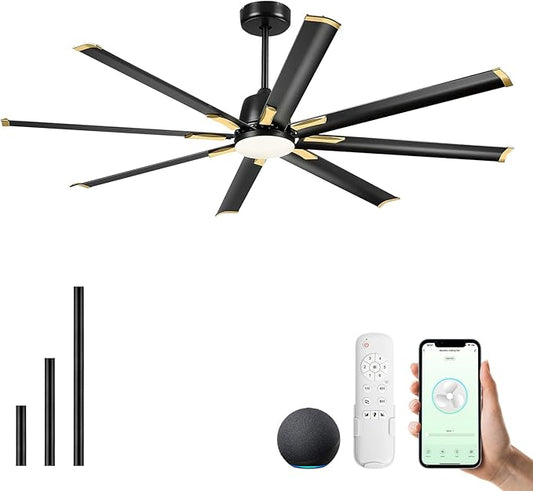 72 Inch Ceiling Fan with Light,Industrial Ceiling Fan with 8 Aluminium Blades,Black Gold Smart Fan Compatible with Alexa,Garage Outdoor Indoor Fan for Patio and Living Room