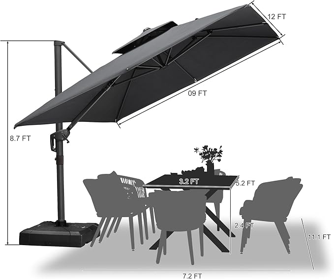 PURPLE LEAF 9' X 12' Double Top Cantilever Patio Umbrella Deluxe Large Outdoor Umbrella Rectangle Offset Umbrella with Fade Resistance for Garden Deck Pool Patio, Mist Grey