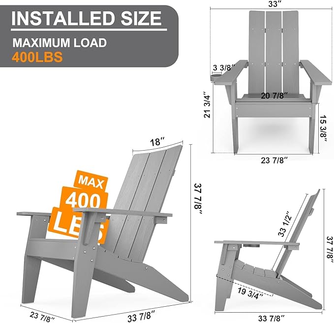 MXIMU Modern Adirondack Chairs Set of 6 Weather Resistant with Cup Holder Oversize Plastic Fire Pit Chairs Plastic Outdoor Chairs for Firepit Area Seating (Grey)