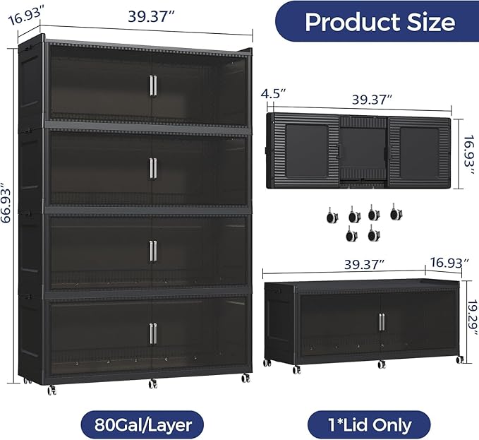 1280QT Extra Large Storage Bins with Lid and Wheels, 320Gal Stackable Closet Organizers and Storage Cabinet, Collapsible Storage Box Drawer with Doors for Home Kitchen Office Dorm, 4Pack Black