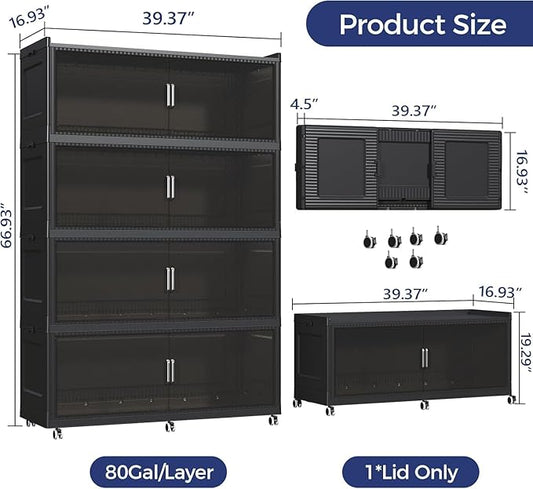 1280QT Extra Large Storage Bins with Lid and Wheels, 320Gal Stackable Closet Organizers and Storage Cabinet, Collapsible Storage Box Drawer with Doors for Home Kitchen Office Dorm, 4Pack Black