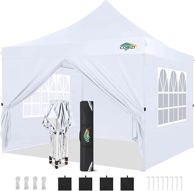 COBIZI 10x10ft Pop Up Canopy with 4 Removable Sidewalls, Easy Up Commercial Gazebos, Waterproof and UV50+ Gazebo with Portable Bag, Adjustable Leg Heights, Tents for Parties, with 4 sandbags