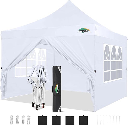 COBIZI 10x10ft Pop Up Canopy with 4 Removable Sidewalls, Easy Up Commercial Gazebos, Waterproof and UV50+ Gazebo with Portable Bag, Adjustable Leg Heights, Tents for Parties, with 4 sandbags