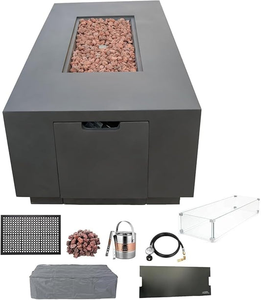 AMS Fireplace Sedona Fire Table Dark Gray Liquid Propane Gas Pit Table for Outside Patio Bundle with Wind Guard, and SS Burner Lid | Free Rubber Mat & Ice Bucket