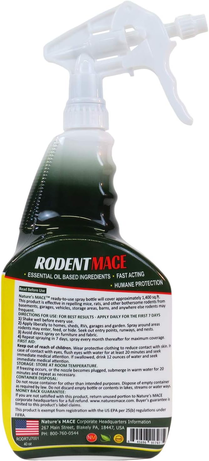 Nature’s MACE Rodent Repel 40oz Bottle, Covers 16,800 Sq. Ft.,Repel Mice & Rats, Keep Mice, Rats & Rodents Out of Home, Garage, Attic, and Crawl Space, Safe to Use Around Children & Pets