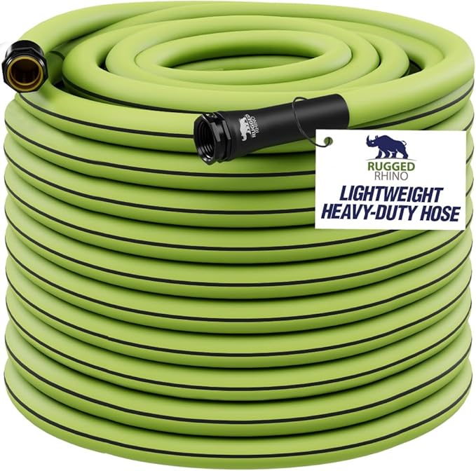 Rugged Rhino Heavy Duty Flexible Light Weight Garden Hose, 100ft x 5/8in, 4 Layer Leakproof Outdoor Gardening Tools, Watering Supplies, Powerful Water Pressure for Lawn, Flowers, Green Black