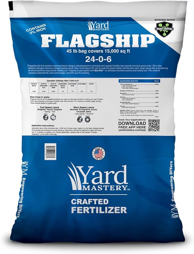 Yard Mastery 24-0-6 Flagship Granular Lawn Fertilizer with 3% Iron, Bio-Nite™, 45 lb Bag Covers 15,000 sq ft, 6% Potassium, Micronutrients and 24% Slow Release Nitrogen Grass Fertilizer for Lawn Care