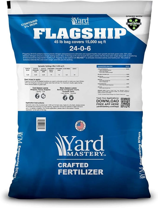 Yard Mastery 24-0-6 Flagship Granular Lawn Fertilizer with 3% Iron, Bio-Nite™, 45 lb Bag Covers 15,000 sq ft, 6% Potassium, Micronutrients and 24% Slow Release Nitrogen Grass Fertilizer for Lawn Care
