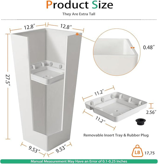 Tall Planters for Outdoor Plants, Large Resin Flower Pots for Garden, Front Porch, Patio, Indoor - Set of 2 (White, 28 inch - 2 Pack)
