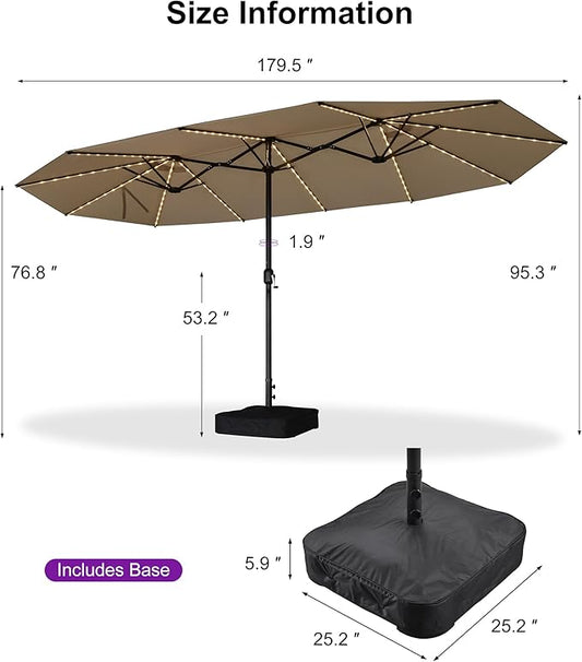 PURPLE LEAF 15ft Patio Market Umbrella with Solar LED and Base Double-Sided Rectangle Outdoor Table Sun Umbrellas with Crank for Pool Beach Deck Backyard Khaki