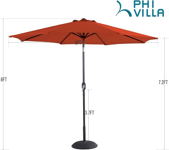 PHI VILLA 9ft Patio Umbrella Clearance, Outdoor Market Table Umbrellas with 8 Ribs and Push Button Tilt for Garden Deck & Poolside (No Base)