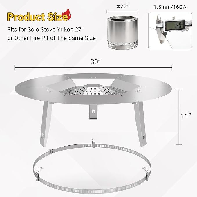 Upgraded Heat Deflector for Solo Stove Yukon 27’’, 304 Stainless Steel Heat Diffuser with Detachable Legs & Fix Hoop, Capture and Redirect Warmth, Camping Accessory