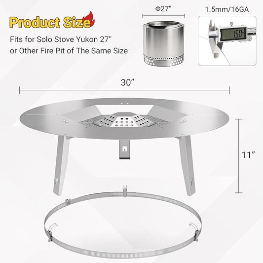 Upgraded Heat Deflector for Solo Stove Yukon 27’’, 304 Stainless Steel Heat Diffuser with Detachable Legs & Fix Hoop, Capture and Redirect Warmth, Camping Accessory