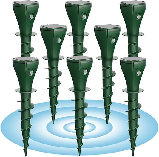 8 Pack Solar Ultrasonic Mole Repellent Stakes for Lawn & Garden, IP65 Waterproof Animal Deterrent for Gophers, Voles, Rats, Squirrels, Moles – Safe for Kids and Pets