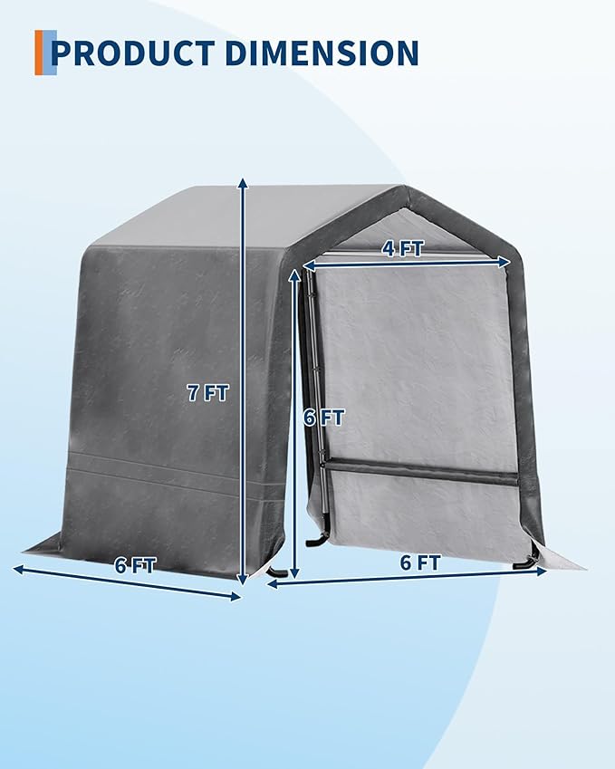  6X6 FT Heavy-Duty Portable Outdoor Storage Shed with Roll-Up Zipper Door & Vent, 240g Waterproof Carport Storage Shelter, UV-Resistant Canopy for Motorcycle, Firewood, Tools -Gray ﻿
