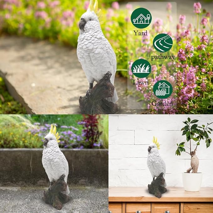 VV-Ladybug Decorative Parrot Garden Statue, Garden Decor Sculptures Statues Outdoor, Cockatoo Bird Tropical Indoor Desk Decor, Yellow White, 14.96 inches high