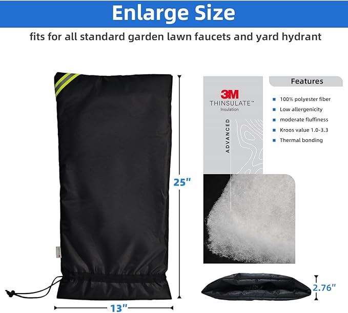 Enlarge Outdoor Faucet Covers for Winter, 3M Thinsulate Faucet Sock Sprinkler Freeze Protector, Reusable Thicker Waterproof Insulated Spigot Cover for Garden Lawn Faucets Yard Hydrant Black 13" x 25"
