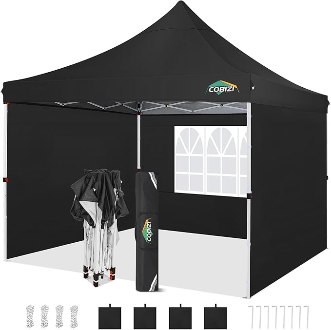 COBIZI 10x10 Pop Up Canopy with 3 Sidewalls, Canopy Tent 10x10 for Parties, Backyard, Commercial, Waterproof and Portable Instant Shelter UV50+ Ez Outdoor Canopy Gazebo with 4 Sandbags(Black)